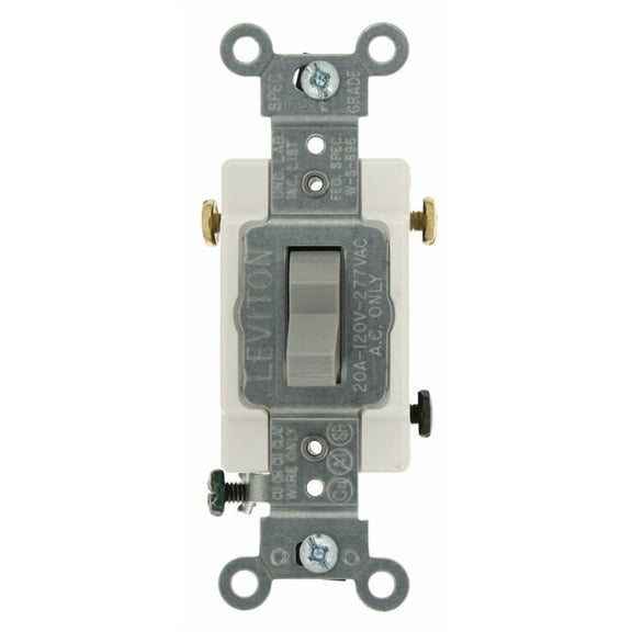 Leviton CS320-2GY 3-Way Toggle Light Switch, 20A 120/277V, Side Wired, Grounding, Commercial Specification Grade, Gray