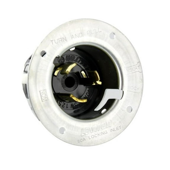 Leviton CS6375 50 Amp, 125/250 Volt AC, Black & White Locking Flanged Inlet