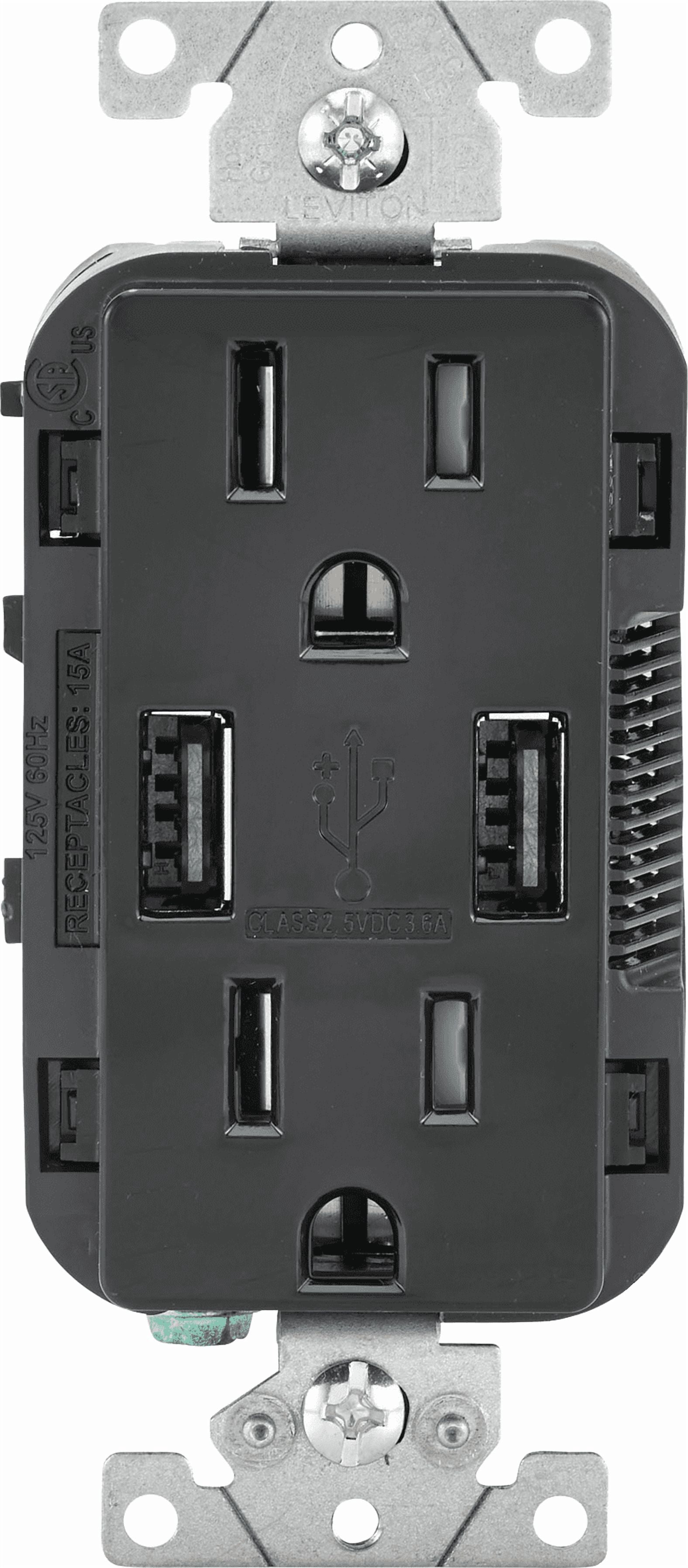 Leviton Decora 3.6A 5V Black 2-Port USB Charging Outlet with 5-15R Tamper Resistant Duplex Outlet — Indoor & Outdoor Use, NEC-Compliant