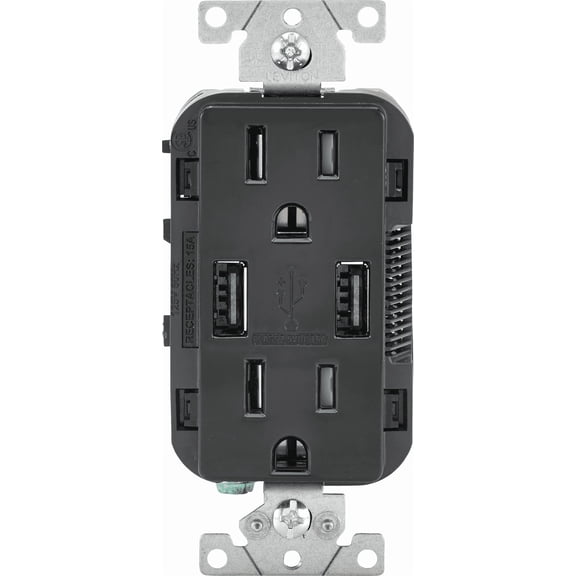 Leviton Decora 3.6A 5V Black 2-Port USB Charging Outlet with 5-15R Tamper Resistant Duplex Outlet  Indoor & Outdoor Use, NEC-Compliant