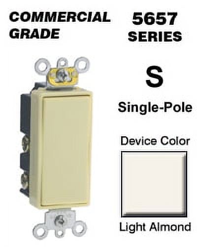Leviton 5657-2T Rocker Switch Decora SPDT Ctr-OFF Momentary Contact 15 Amp 120/277 VAC Self-Grounding Commercial Grade Back and Side Wired - Light Almond