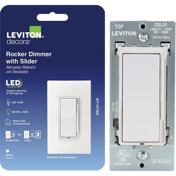 Leviton Decora Rocker Slide Bar Dimmer Switch - Pack of 2  Indoor & Outdoor Use, NEC-Compliant