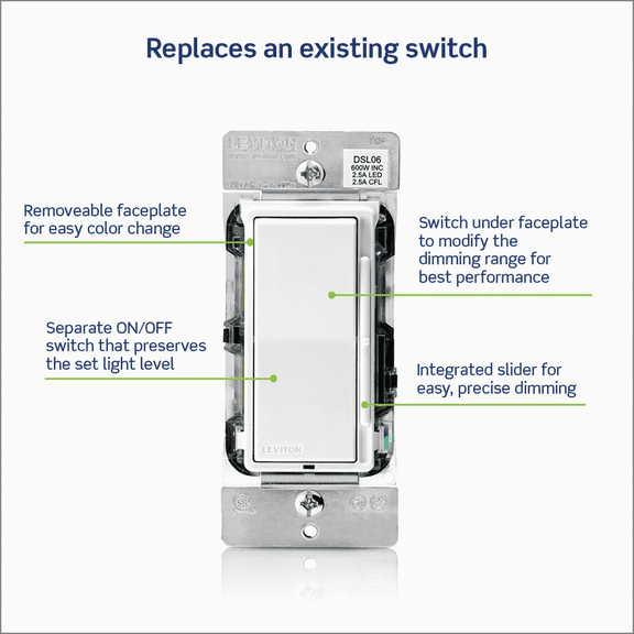 Leviton Dimmer Switch — Decora® Rocker-Style Design in White — UL Listed for US Residential Electrical Code Compliance, Drop-in NEC-Standard Wiring