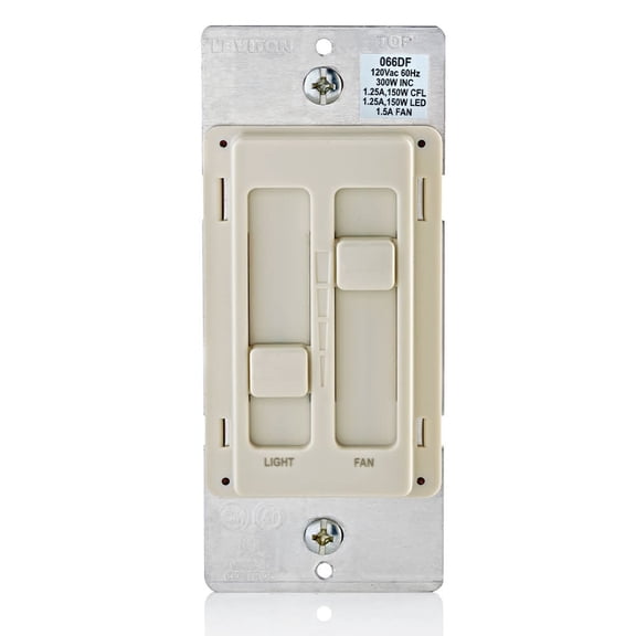 Leviton 66DF-T Dimmer Slide Switch Decora SureSlide Light Almond Fan/LED Light Almond