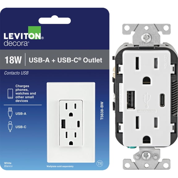 Leviton Decora Type A/C USB Charging Outlet - Pack of 12  Indoor & Outdoor Use, NEC-Compliant