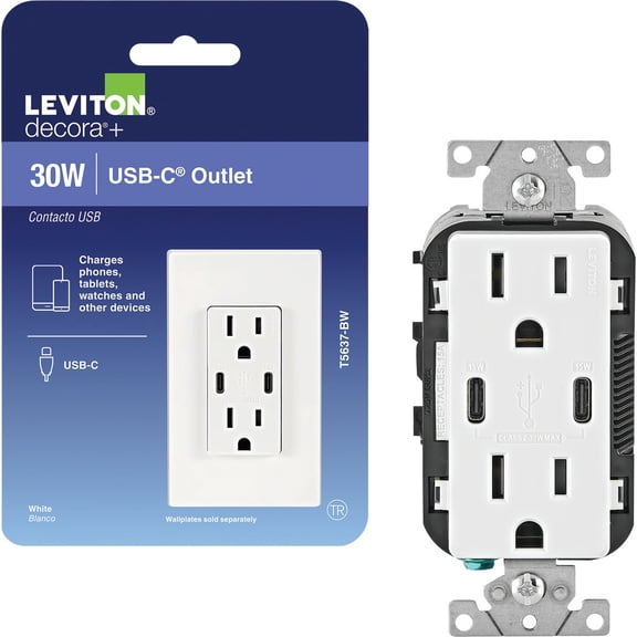 Leviton Decora Type C USB Charging Outlet - Pack of 4 Indoor & Outdoor Use, NEC-Compliant