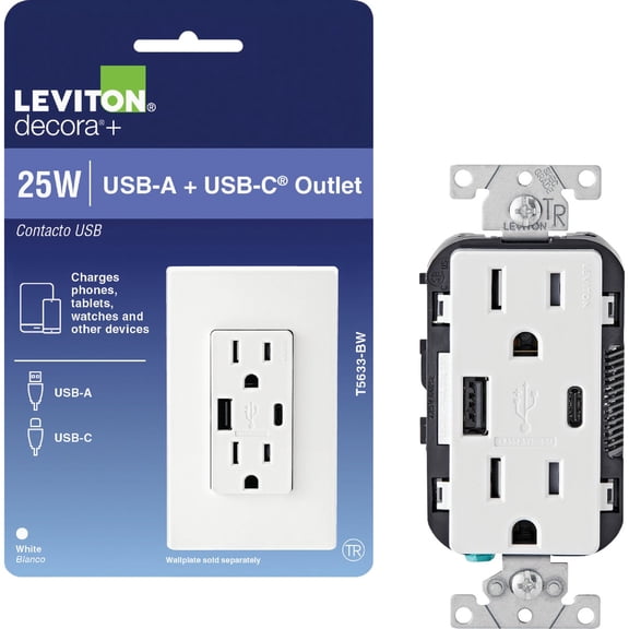 Leviton Decora Type A/Type C USB Charging Outlet - Pack of 4 Indoor & Outdoor Use, NEC-Compliant