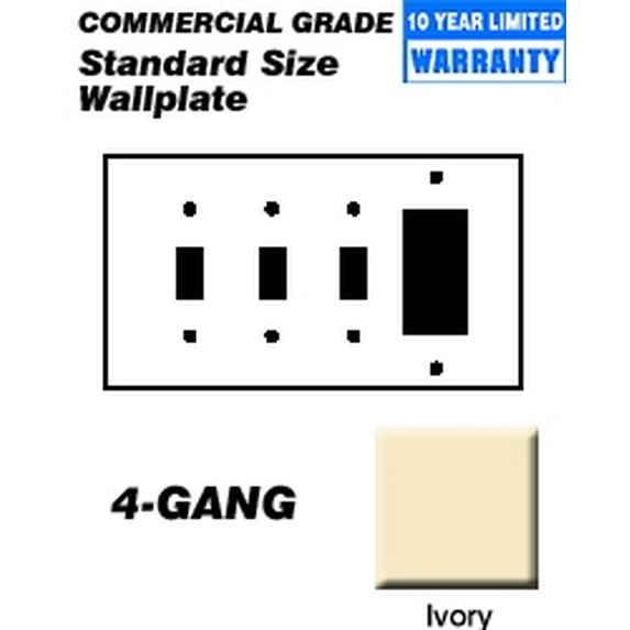 Leviton 80732-I Wallplate 4-Gang 3-Toggle 1-Decora Standard Size Nylon - Ivory