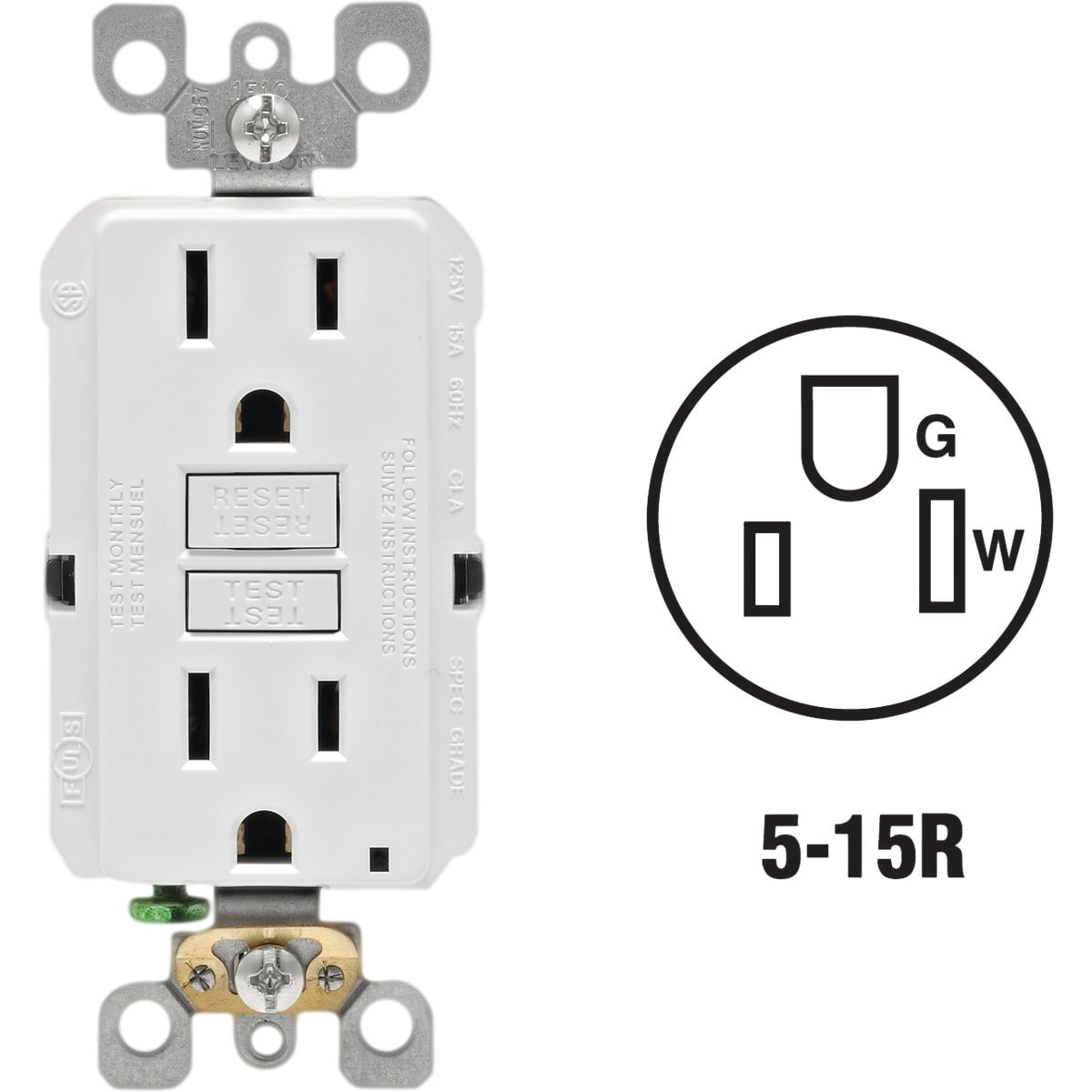 Leviton GFCI Outlet, 15 Amp, Self Test, Non Tamper-Resistant with LED Indicator Light, Protection from Electric Shock and Electrocution, GFNT1-W, White