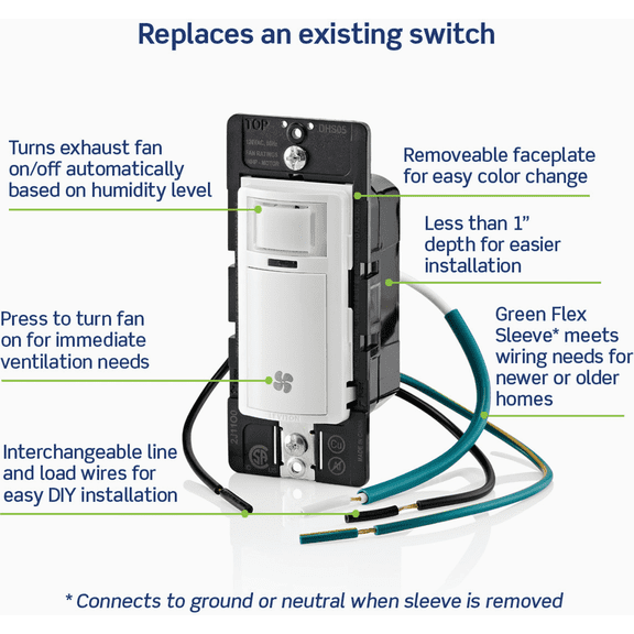 Leviton Decora In-Wall Humidity Sensor Fan Control Switch - 3A, Single Pole - White — Indoor & Outdoor Use, NEC-Compliant
