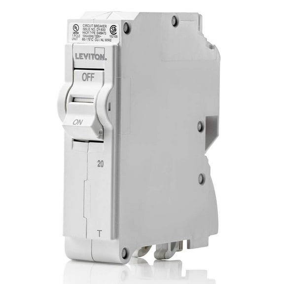 Leviton LB120-T 20A 1-Pole Plug-On Standard Branch Circuit Breaker, Thermal Magnetic, 120 VAC, White