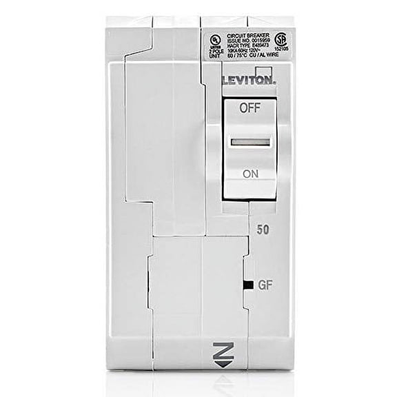 Leviton LB250-GF 50A 2-Pole Plug-On GFCI Branch Circuit Breaker, Hydraulic Magnetic, 120/240 VAC, White