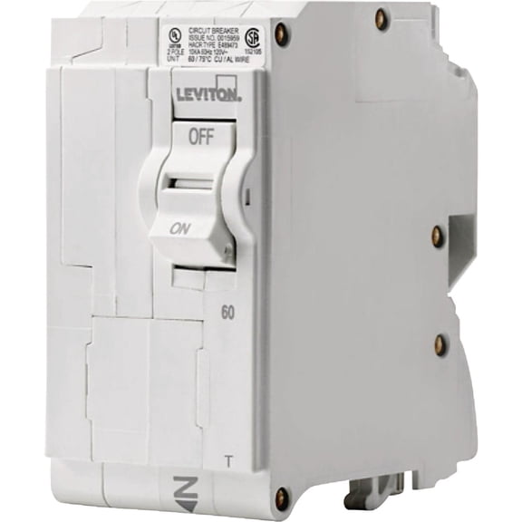 Leviton LB260-T 60A 2-Pole Plug-On Standard Branch Circuit Breaker, Thermal Magnetic, 120/240 VAC, White