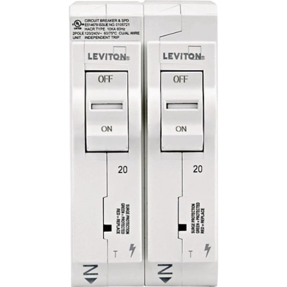 Leviton LSPD2-T Surge Protective Device Two 20Amp 1-Pole Thermal Circuit Breaker