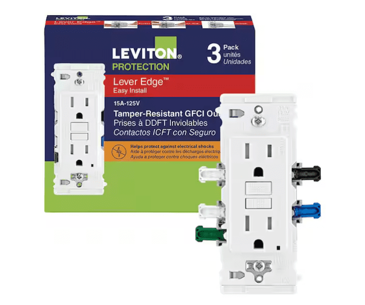 Leviton Lever Edge 15 Amp 125 Volt Self-Test Tamper-Resistant GFCI Duplex Outlet/Receptacle, White (3-Pack) EGFT1-3W (3 Total)