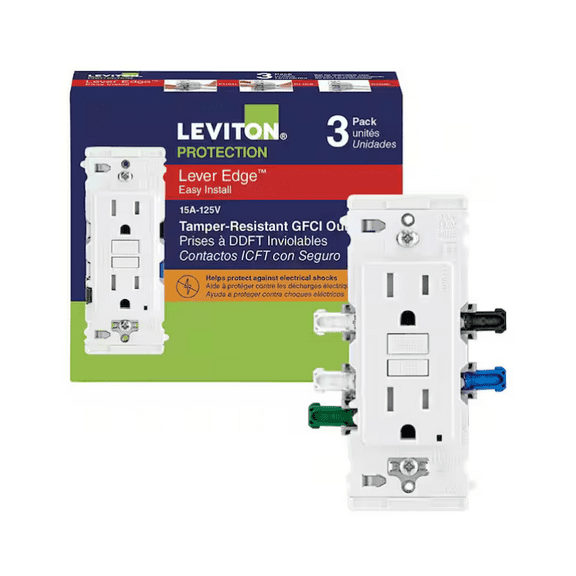 Leviton Lever Edge 15 Amp 125 Volt Self-Test Tamper-Resistant GFCI Duplex Outlet/Receptacle, White (3-Pack) EGFT1-3W