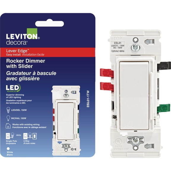 Leviton Lever Edge Rocker Slide Dimmer Switch for LED/Incandescent Bulbs, 150 Watt, Single Pole or 3-Way, ESL01-1LW, White