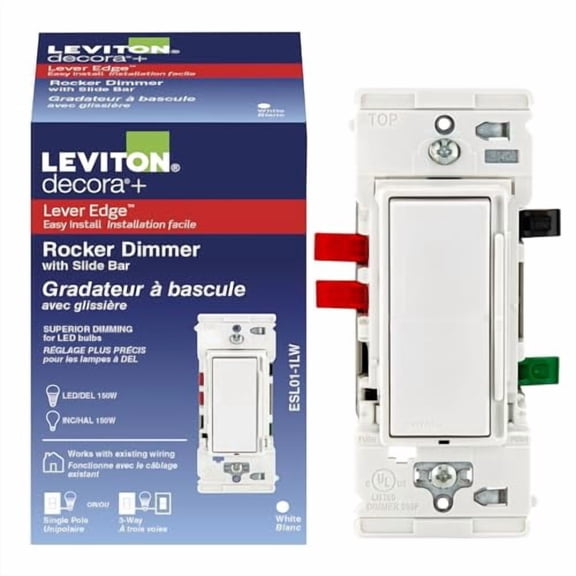 Leviton Lever Edge Rocker Slide Dimmer Switch for LED/Incandescent Bulbs, 150 Watt, Single Pole or 3-Way, ESL01-1LW, White