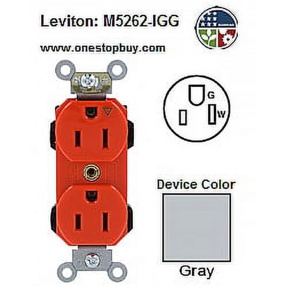 Leviton M5262-IGG NEMA 5-15R 2P3W Lev-Lok Duplex Receptacle Decora Plus Isolated Ground - Gray