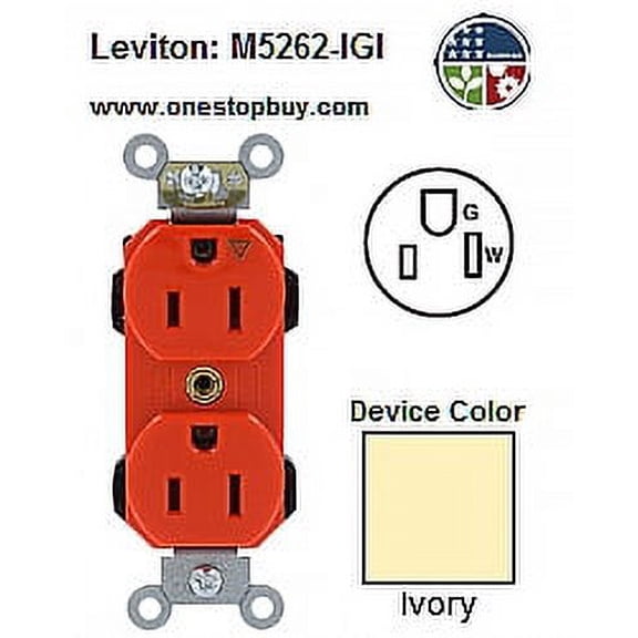 Leviton M5262-IGI NEMA 5-15R 2P3W Lev-Lok Duplex Receptacle Decora Plus Isolated Ground - Ivory