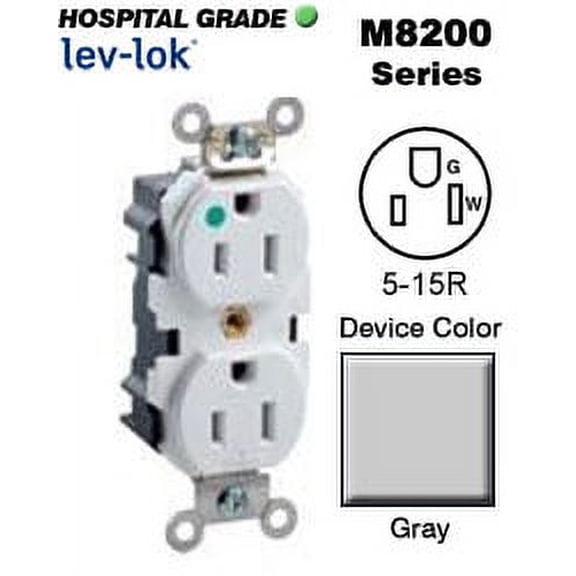 Leviton M8200-GY 5-15R Lev-Lok Duplex Receptacle Hospital - Gray