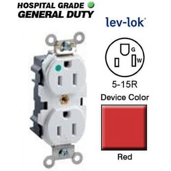 Leviton M8200-HR 5-15R Lev-Lok Narrow Body Duplex Receptacle Hospital Grade - Red