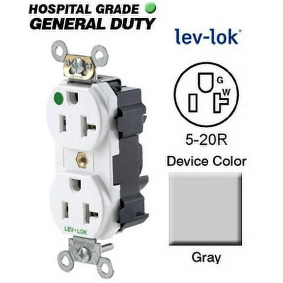 Leviton M8300-HGY 5-20R Lev-Lok Narrow Body Duplex Receptacle Hospital - Gray