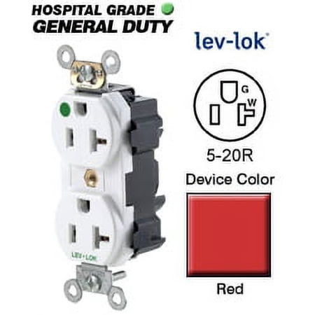 Leviton M8300-HR 5-20R Lev-Lok Narrow Body Duplex Receptacle Hospital - Red
