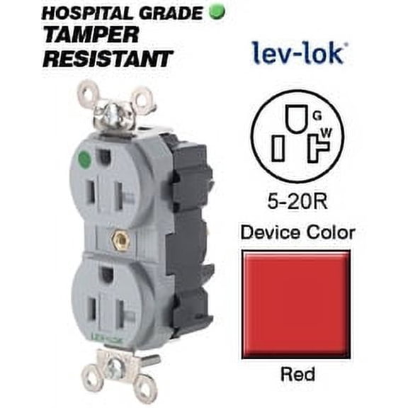 Leviton M8300-SGR 5-20R Lev-Lok Wide Body Duplex Receptacle Tamper-Resistant Hospital - Red