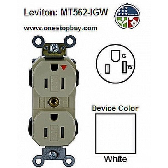 Leviton MT562-IGW 5-15R 2P3W Lev-Lok Duplex Receptacle Decora Plus Tamper-Resistant Isolated Ground Industrial - White