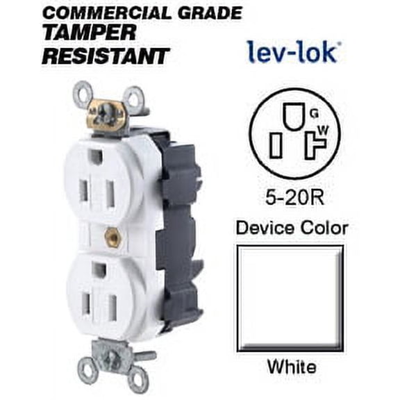 Leviton MT563-SW 5-20R Lev-Lok Narrow Body Duplex Receptacle Tamper-Resistant Commercial - White