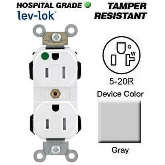 Leviton MT830-GY 5-20R Lev-Lok Narrow Body Duplex Receptacle Tamper-Resistant Hospital - Gray