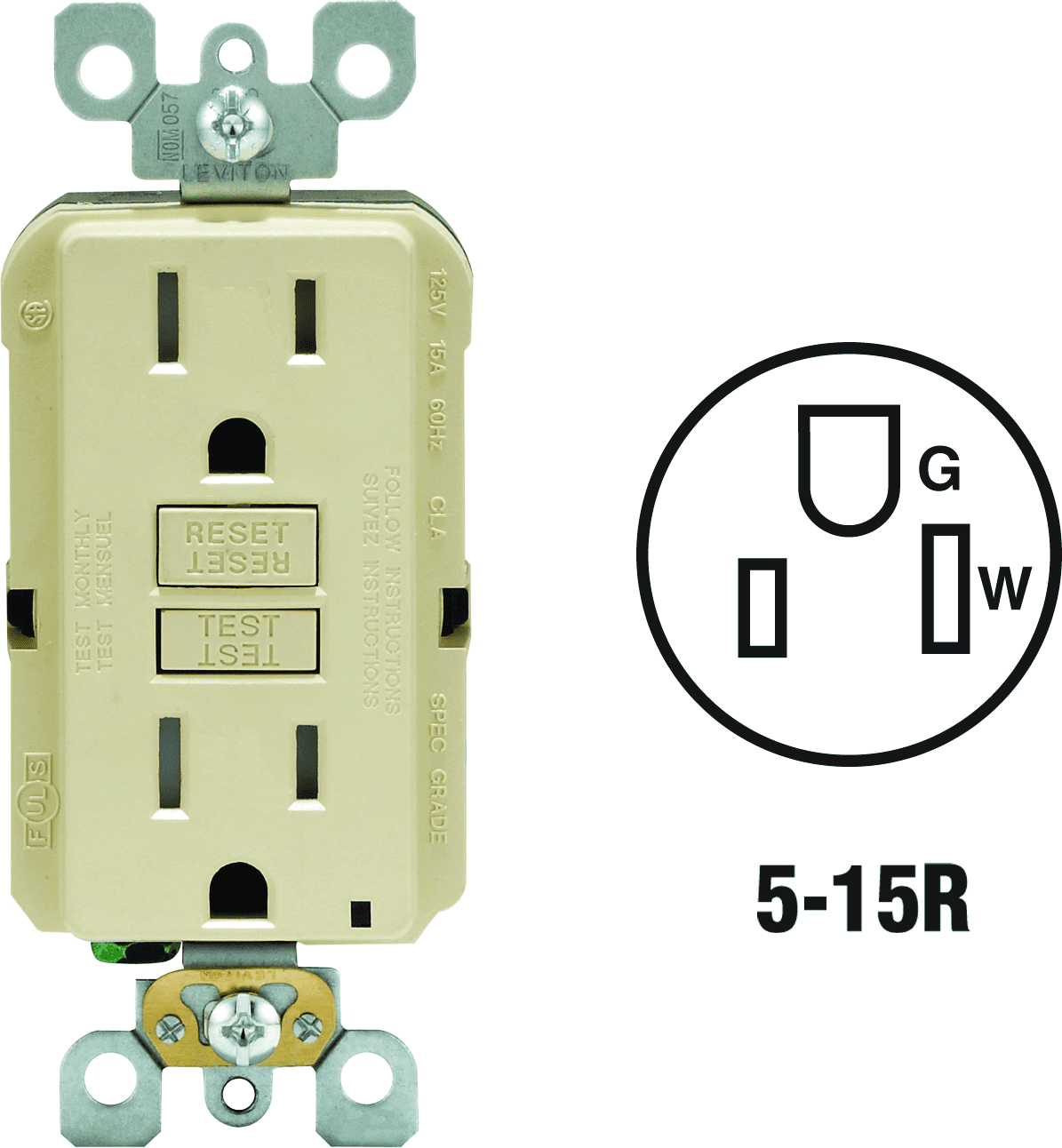 Leviton GFCI Receptacle in Ivory — UL Listed for US Residential Electrical Code Compliance, Drop-in NEC-Standard Wiring