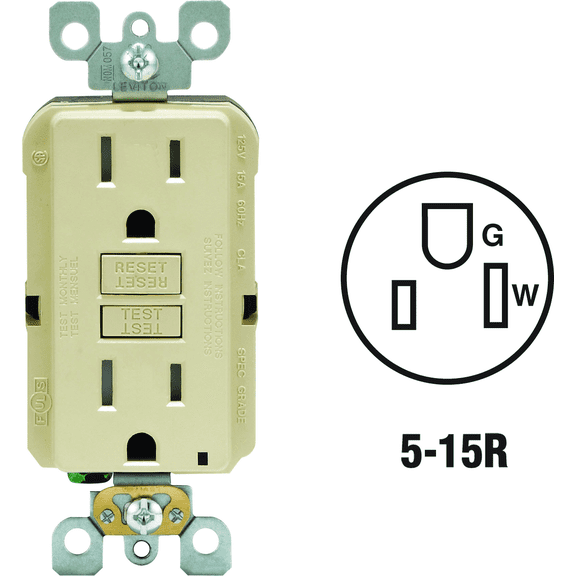 Leviton GFCI Receptacle in Ivory — UL Listed for US Residential Electrical Code Compliance, Drop-in NEC-Standard Wiring