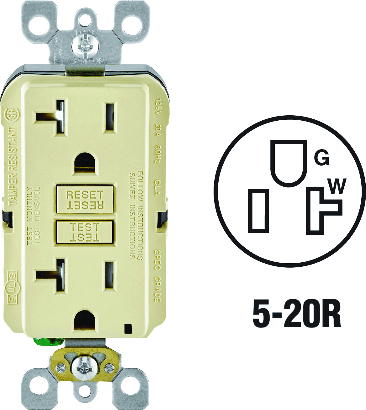 Leviton GFCI Receptacle in Ivory — UL Listed for US Residential Electrical Code Compliance, Drop-in NEC-Standard Wiring
