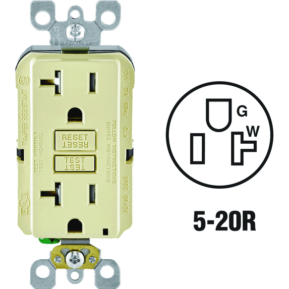 Leviton GFCI Receptacle in Ivory — UL Listed for US Residential Electrical Code Compliance, Drop-in NEC-Standard Wiring