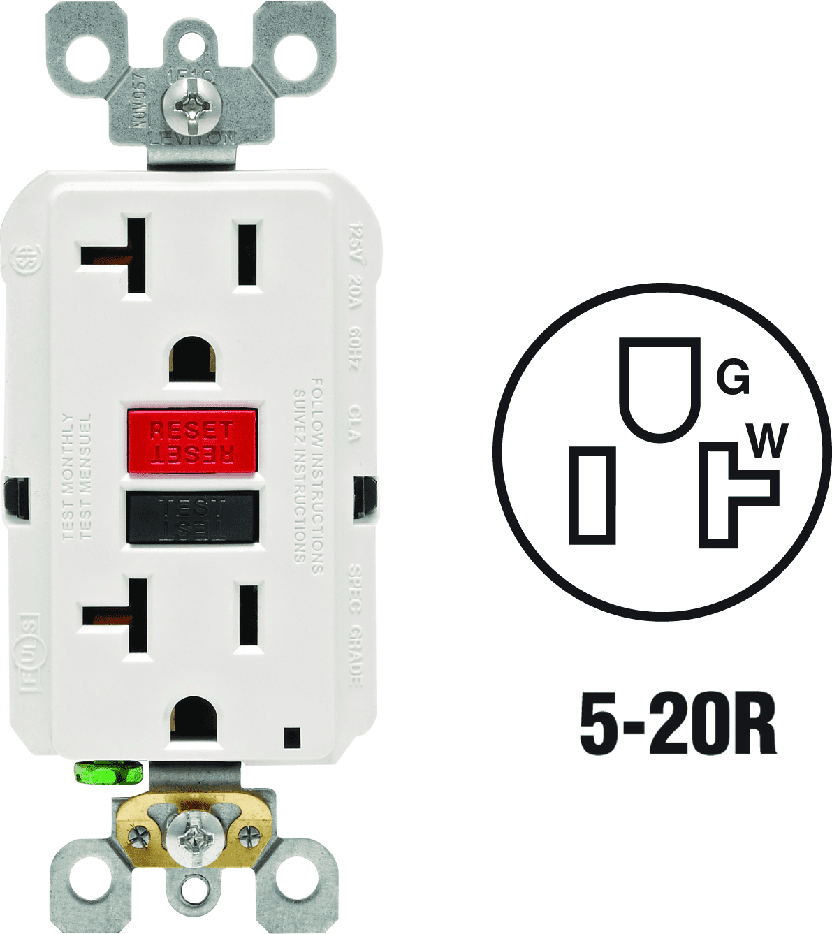 Leviton 125V GFCI Receptacle in White — 20A 125V — UL Listed for US Residential Electrical Code Compliance, Drop-in NEC-Standard Wiring