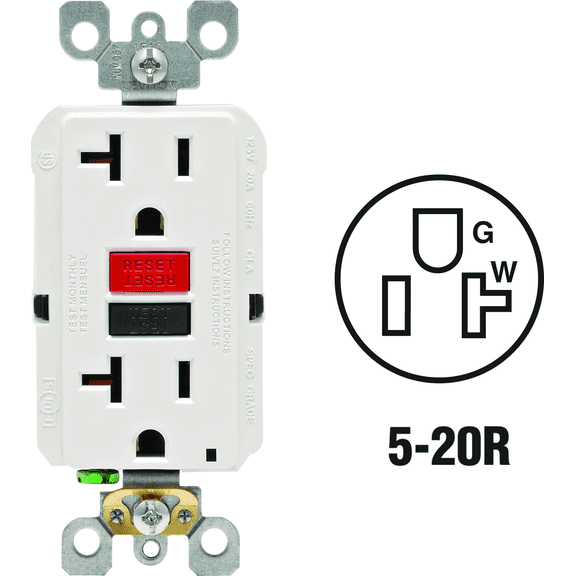Leviton 125V GFCI Receptacle in White — 20A 125V — UL Listed for US Residential Electrical Code Compliance, Drop-in NEC-Standard Wiring