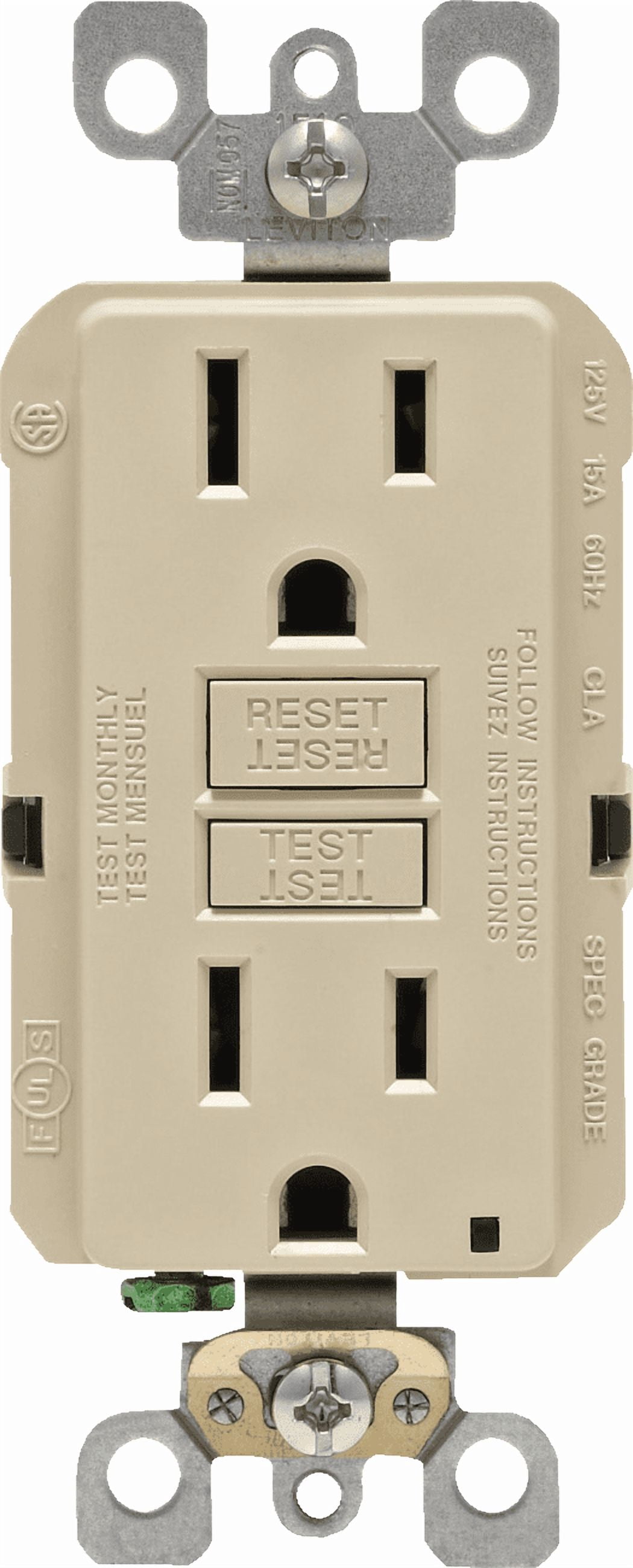 Leviton GFCI Receptacle in Ivory — UL Listed for US Residential Electrical Code Compliance, Drop-in NEC-Standard Wiring