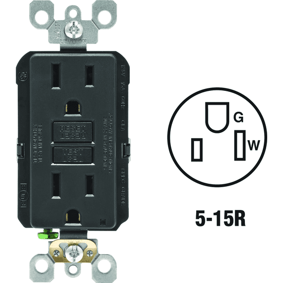 Leviton Tamper-Resistant GFCI Receptacle in Black — UL Listed for US Residential Electrical Code Compliance, Drop-in NEC-Standard Wiring