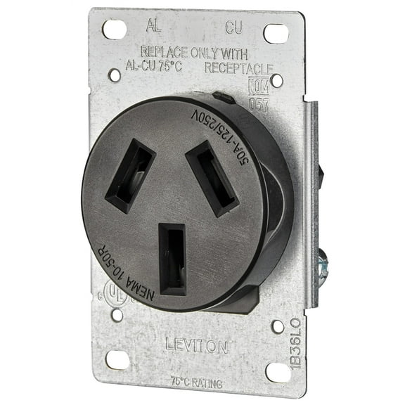 Leviton R20-05206-S10 Electrical Receptacle, 3 -Pole, 125/250 V, 50 A, NEMA: NEMA 10-50R, Black
