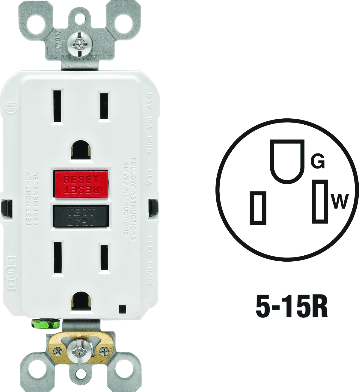 Leviton GFCI Receptacle in White — UL Listed for US Residential Electrical Code Compliance, Drop-in NEC-Standard Wiring