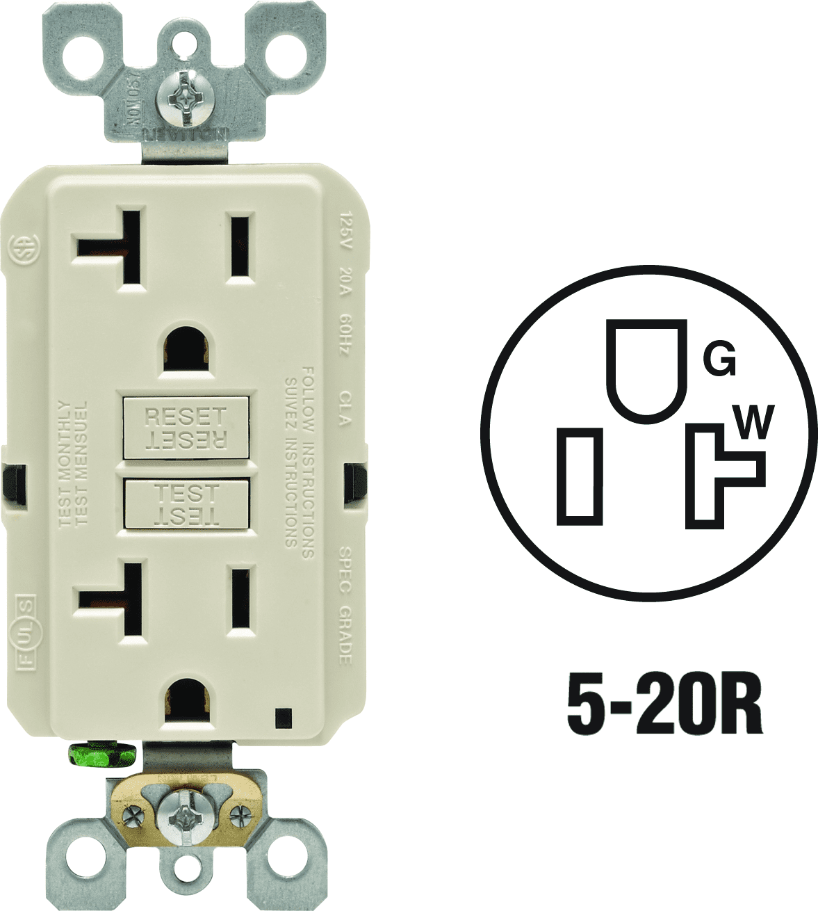 Leviton GFCI Receptacle in Almond — UL Listed for US Residential Electrical Code Compliance, Drop-in NEC-Standard Wiring