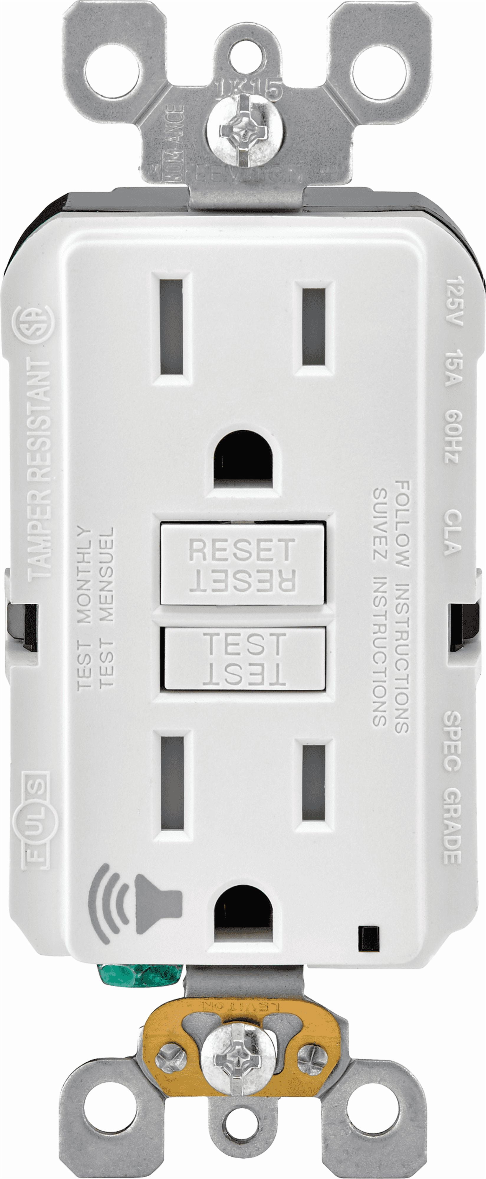 Leviton GFTA1-W Gfta1-W 15 Amps 125 V White Audible Outlet 5-15R — Indoor & Outdoor Use, NEC-Compliant