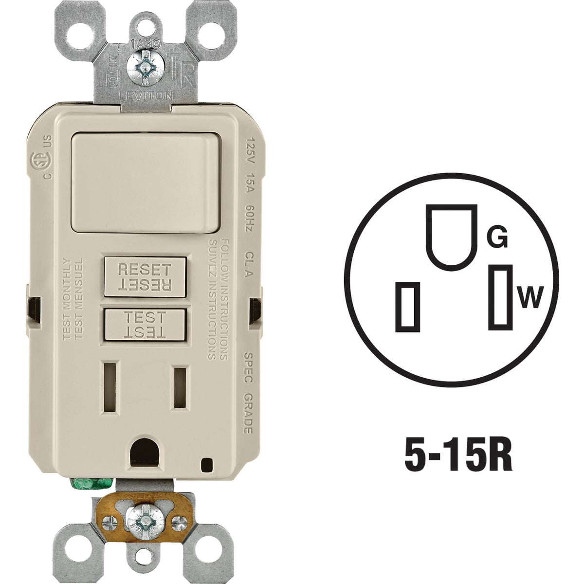Leviton C96-GFSW1-00T Light Almond 15 Amp GFCI Receptacle