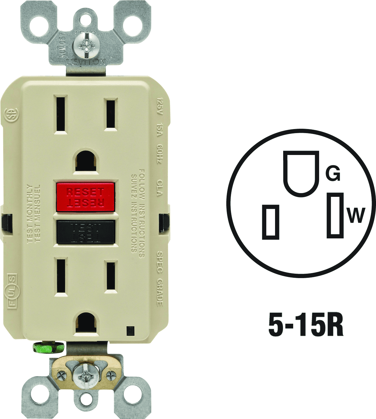 Leviton GFCI Receptacle in Ivory — UL Listed for US Residential Electrical Code Compliance, Drop-in NEC-Standard Wiring
