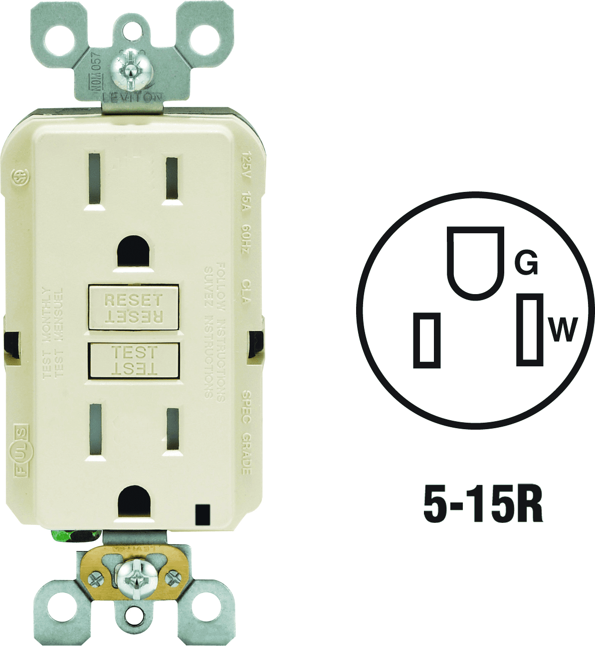 Leviton Tamper-Resistant GFCI Receptacle in Almond — UL Listed for US Residential Electrical Code Compliance, Drop-in NEC-Standard Wiring