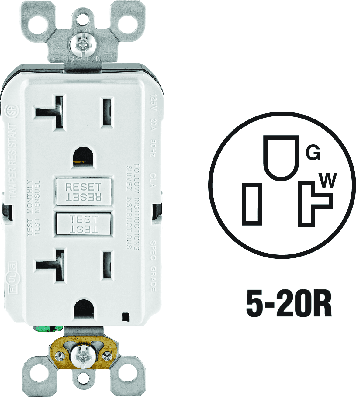 Leviton GFCI Receptacle in White — UL Listed for US Residential Electrical Code Compliance, Drop-in NEC-Standard Wiring