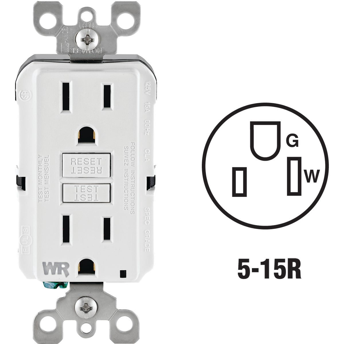 Leviton Smartlockpro Weather & Tamper-Resistant Duplex Gfci Receptacle With Led, White, Nema 5-15R, 125 Volts, 15 Amps