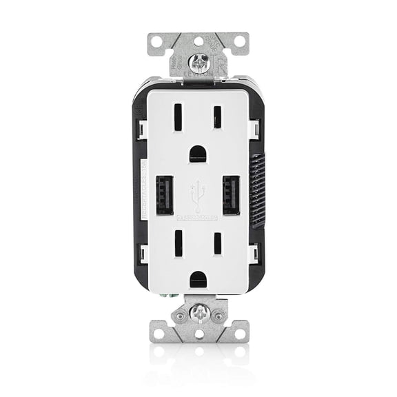 Leviton T5632-W 15-Amp USB Charger/Tamper Resistant Duplex Receptacle, White, 1-Pack